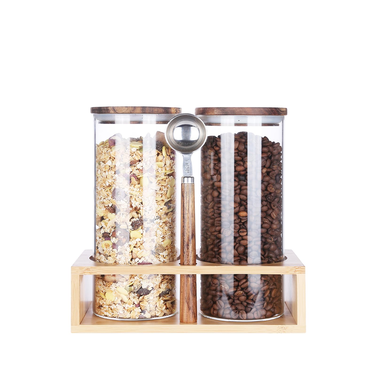 KKC HOME ACCENTS Glass Coffee Bean Storage Container 600g with Airtight Lid, Sealed Glass Coffee Canister Jar for Coffee Beans ,Ground Coffee, Nuts,Glass Canister with Rack and Spoon 49 Floz ,2 Pcs.