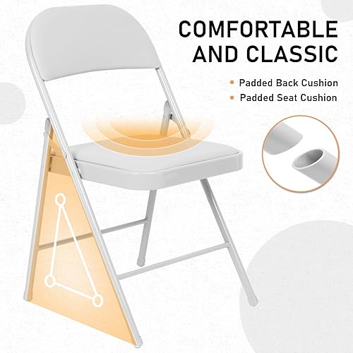 Miniatura 3 de Juego de 6 sillas plegables acolchadas blancas, cómodas sillas portátiles apilables para interiores y exteriores, eventos, fiestas, oficina, bodas