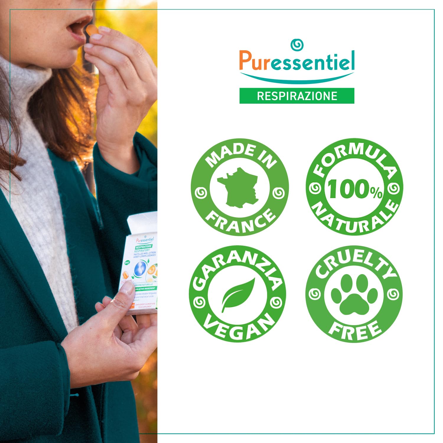Puressentiel - Respirazione Pastiglie Gola Voce Menta Pino – All'Estratto di Erisimo – Procurano un effeto balsamico – Aiutano a liberare il naso – Dai 12 anni – 20 Pastiglie