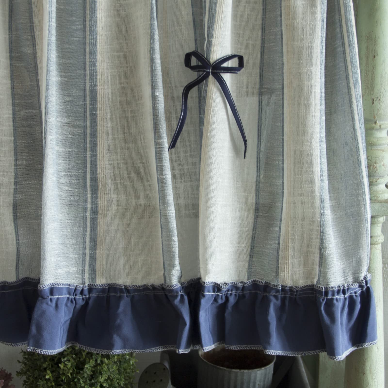A.Monamour Gardine Scheibengardinen Kurzstores Mittelmeer Baumwoll Leinen Textur Weiß Blau Gestreifter Vorhang mit Schleife Kurzgardinen Küchengardine Küche Fenster Kurz Vorhang Stores Bistrogardine