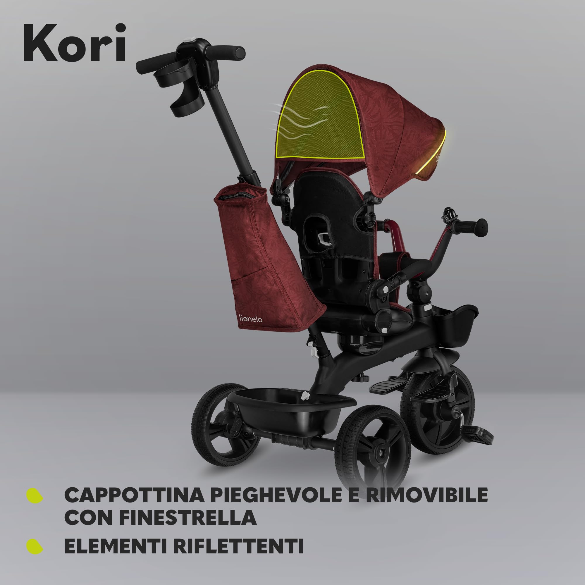 LIONELO Kori Triciclo Evolutivo per Bambini da 1.5 Anni fino a 25 kg Sedile Girevole 360° Telaio ultraleggero in lega di magnesio, Pneumatici resistenti, Maniglione per genitori e Accessori
