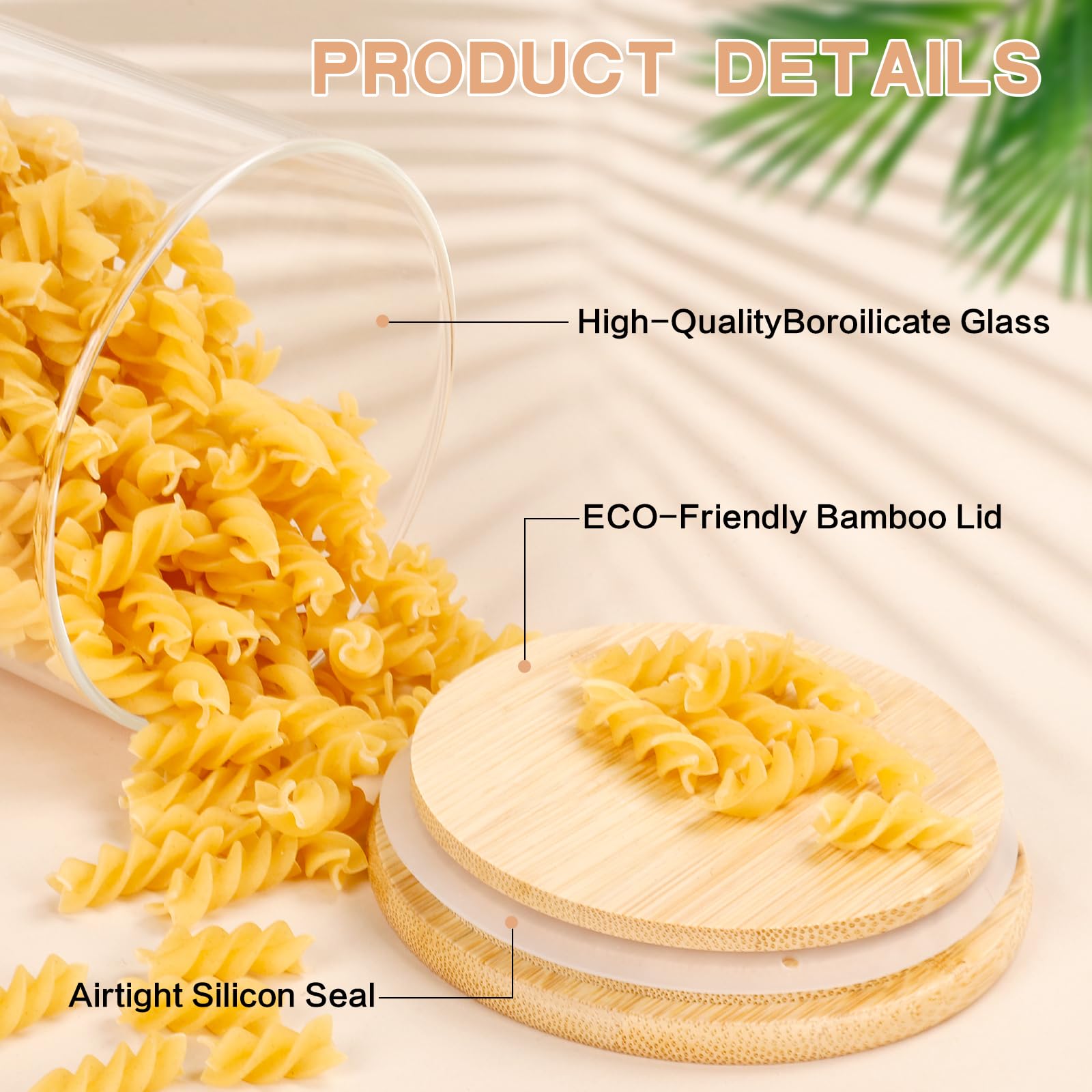 Bocaux Rangement en Verre Hermétique - Lot de 3 Bocaux Rangement Cuisine avec Couvercle en Bambou - 3 x 2200ml