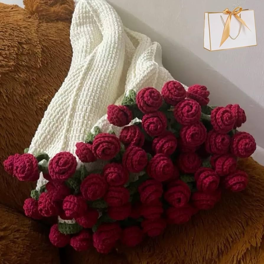 花束ブランケット　レインボーローズ×くすみピンク Amazon｜フラワーブーケブランケット かぎ針編みの花 バラ