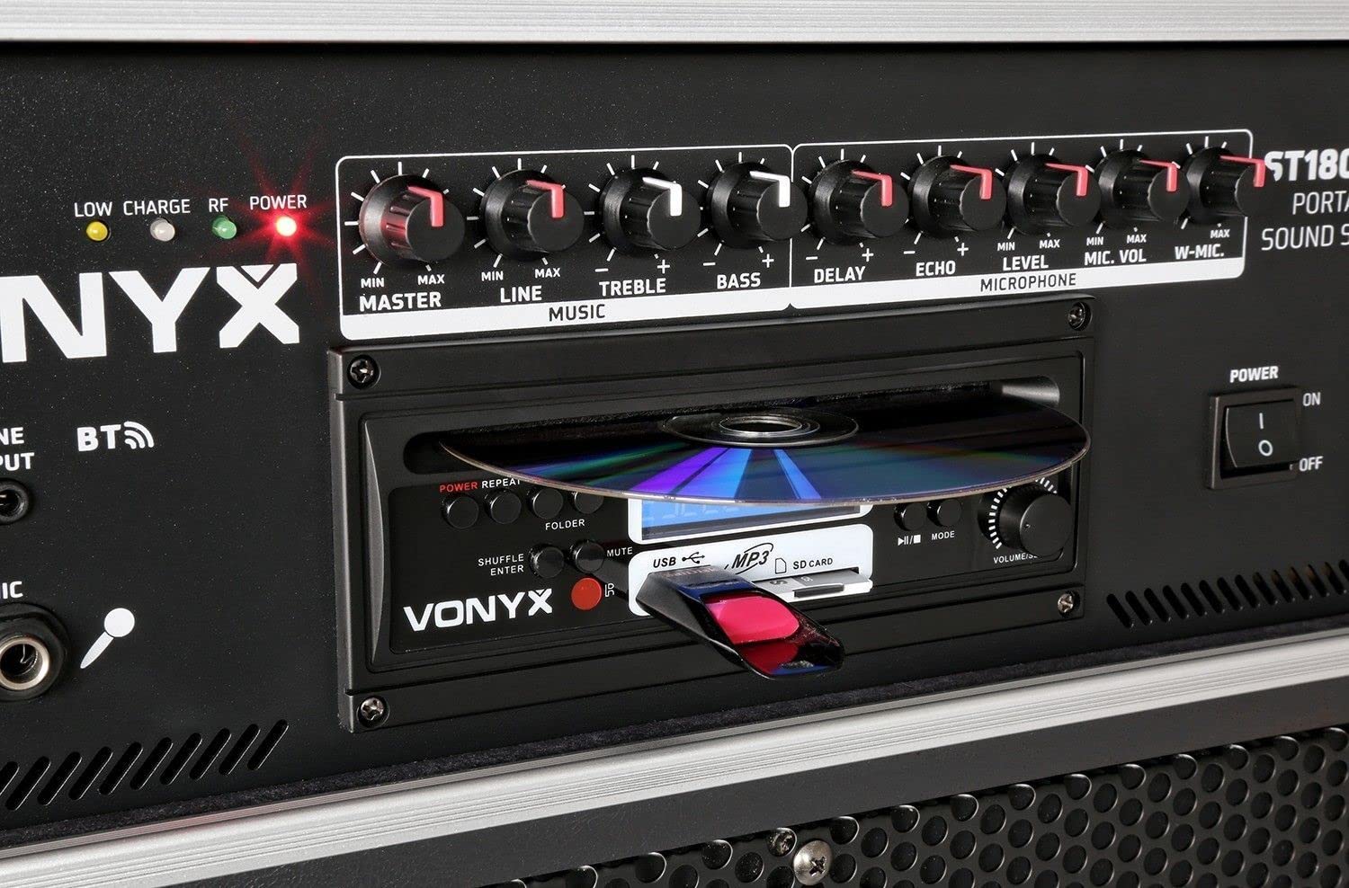Vonyx ST180 Système Sono Portable 12" Bluetooth/CD/MP3, Enceinte Active 12", Puissance 450W, Deux Micros Main UHF sans-Fil et Un Micro Filaire, Batterie Intégrée