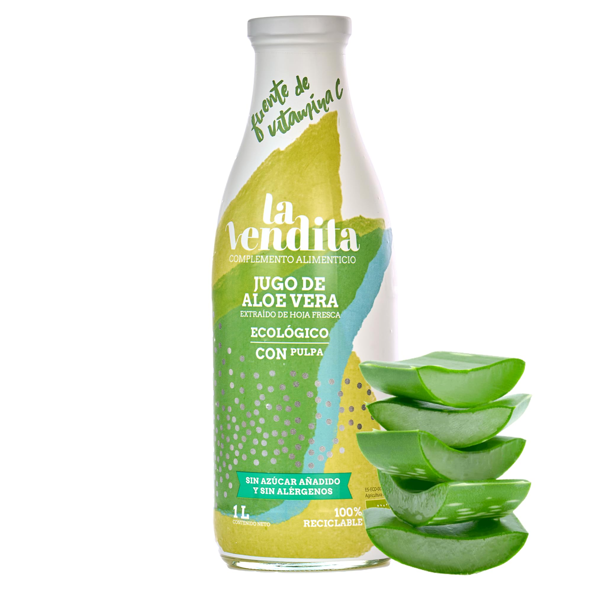 La Vendita Jugo De Aloe Vera Puro Para Beber Con Pulpa. Bebida Natural De Aloe Vera Puro Y Ecológico. Zumo Bebible 100% Organico Y Natural. Bebida Detox En Envase De Vidrio De 1 Litro