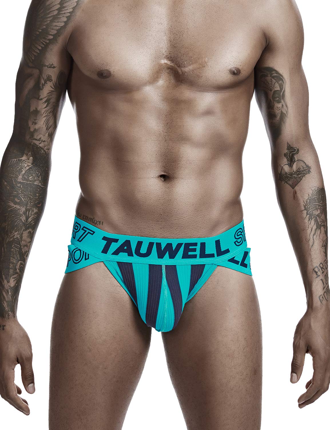 TAUWELLMens Low Rise Stripe Boxer Briefs Underwear (0103 Aqua, Medium)