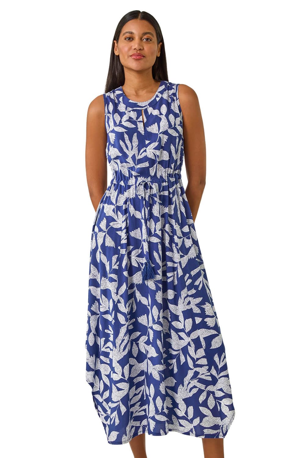 Roman Originals Women's Navy Leaf Print Tie Waist Midi Dress For Uk - Everyday Holiday Spring Summer Round Neckline Comfy Soft Evening Vacation Work Party - Size 18