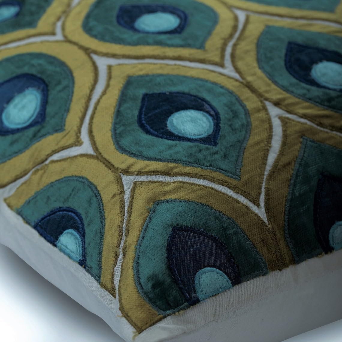 Birds Decorative Throw Pillow Covers 12" x 12" | Modern Velvet Cushion Cover | Birds Peacock Art Deco Applique Green & Blue Pillowcases for Couch, Sofa, Bed, or Living Room - Art Deco Peacock