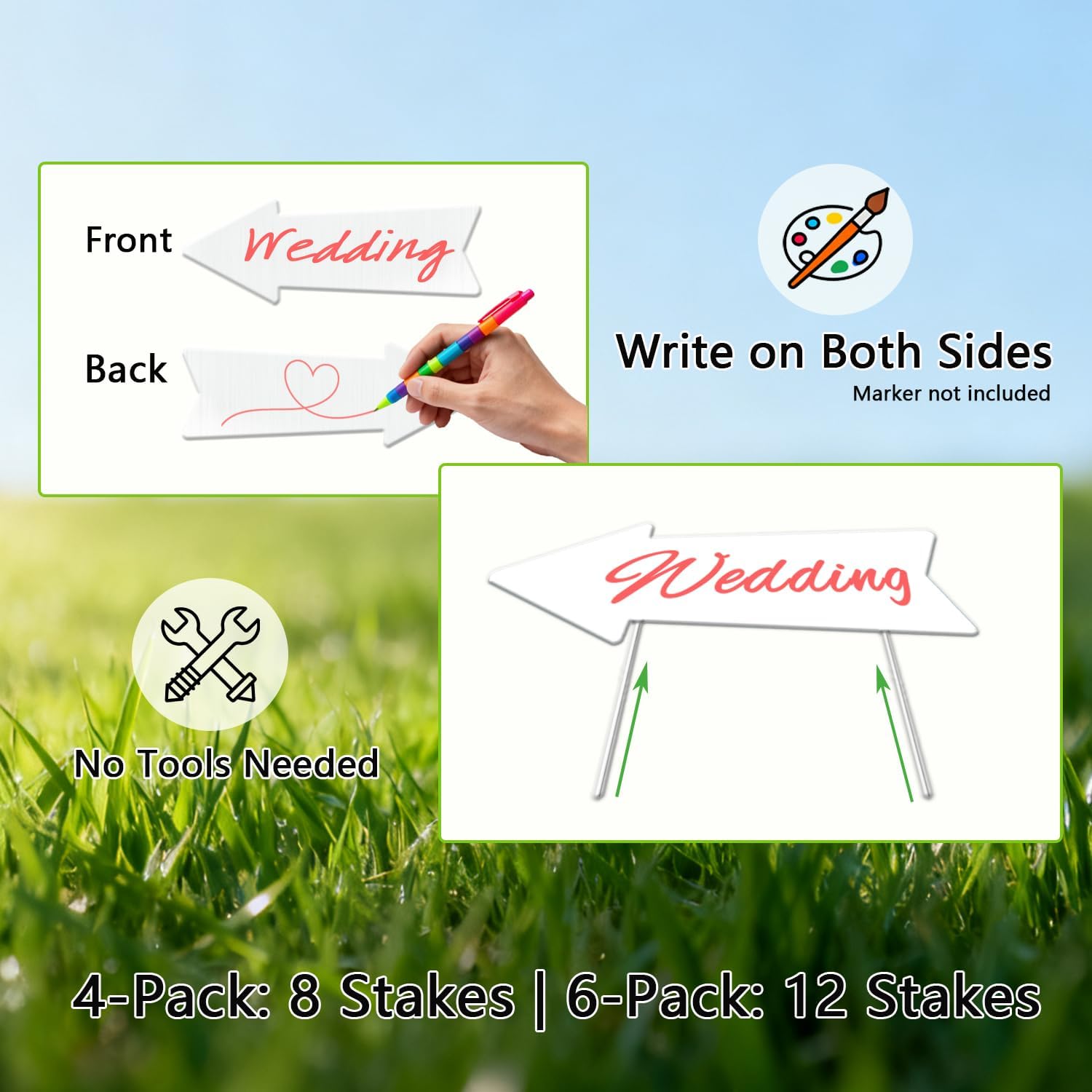 Blank Arrow Yard Signs with Stakes, 16 x 6 in, 6-Pack Double-Sided Writable Directional Arrow Signs, 4mm Corrugated Plastic, 12 Stakes (11.8 in), Waterproof “This Way” DIY Signs for Wedding, Yard Sale, Parking & Outdoor Events