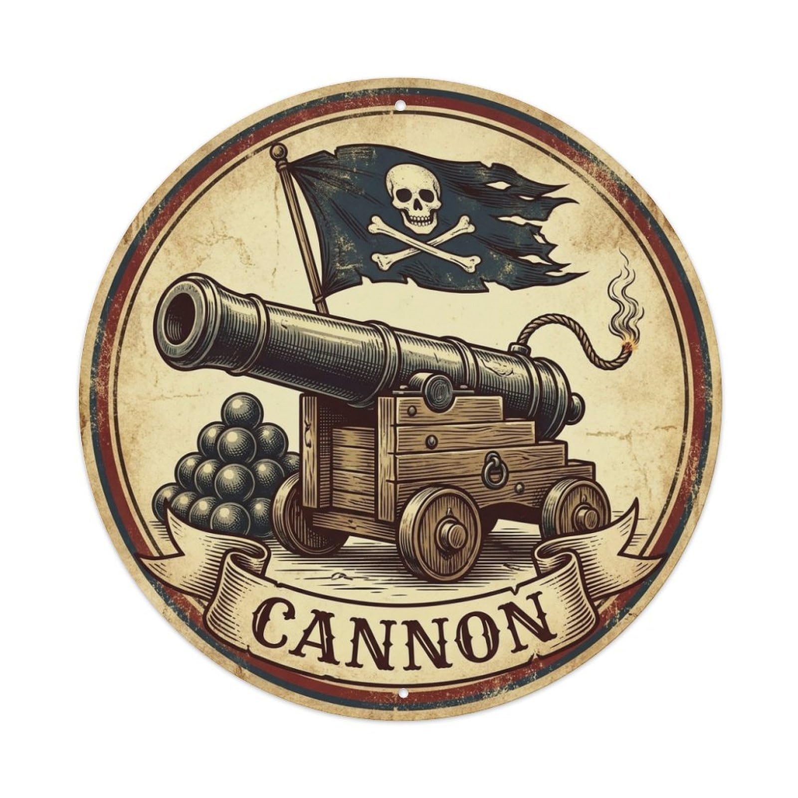 Big Cannon Cannonballs Jolly Roger Flag Pirate Label Metal Tin Sign