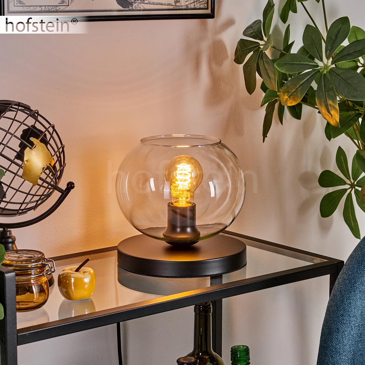 Tischleuchte Apedo, Tischlampe aus Metall/Glas in Schwarz/Klar, Leuchte im modernen Retro/Vintage-Design mit Schirm aus Glas (Ø 20 cm) u. An/-Auschalter am Kabel, 1 x E27, ohne Leuchtmittel