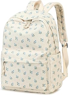 CAMTOP Backpack for Teen Girls Corduroy Bookbags Elementary Middle High School School Bag Lightweight Women Travel Casual Daypacks (Blue Flower)
