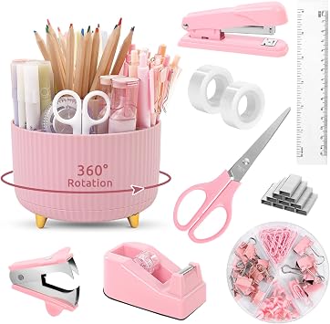 Office Accessories, 10Pcs, 360-Degree Rotating Pen Holder, Office Supplies Include Stapler, Tape, Tape Holder, Scissors, Ruler, Staple Remover, 1 Box of Staples, Paper Clips Kit for Office School