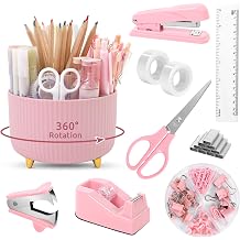 Office Accessories, 10Pcs, 360-Degree Rotating Pen Holder, Office Supplies Include Stapler, Tape, Tape Holder, Scissors, Ruler, Staple Remover, 1 Box of Staples, Paper Clips Kit for Office School
