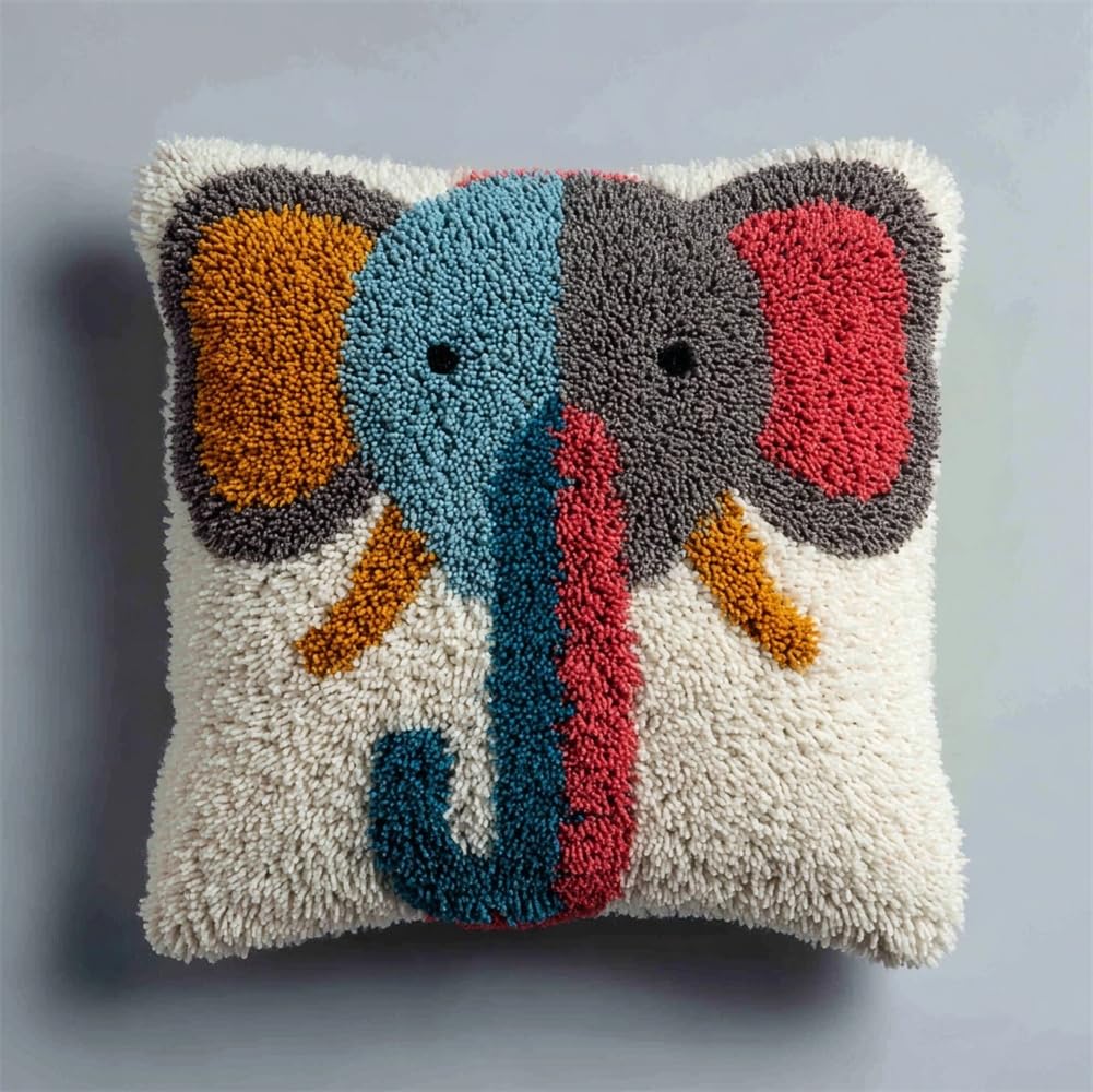kitphoenix Cushion Covers Craft Kits Animal Latch Hook Kits for Adults Beginners Elephant Making Crochet Pre Printed Canvas Wool Yarn Hobbies DIY Sofa Home Decor Women Gift 17X17Inch