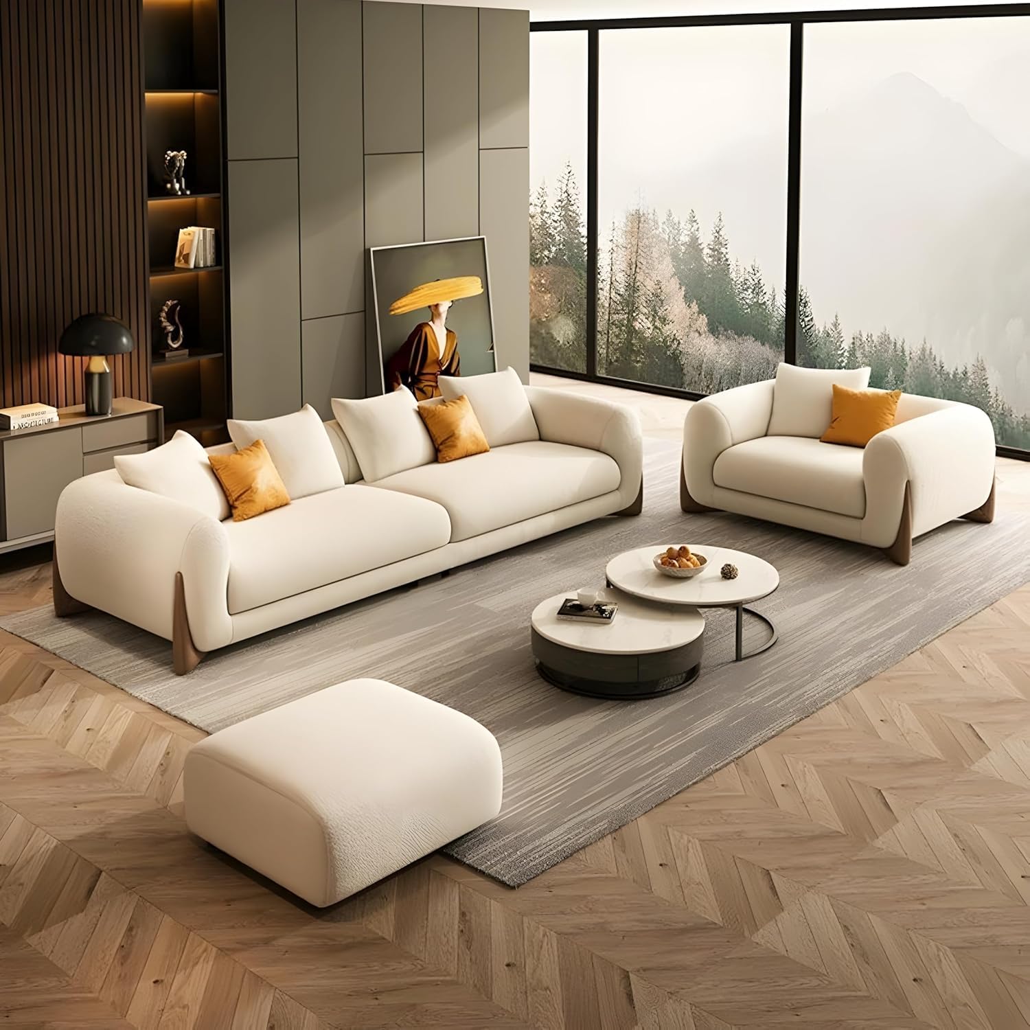 Upholstered 3 Seater Sofa Three Seater Sofa with Wooden Legs for Living Room Hotels & Offices (3+1+Puffy Boucle Beige)-image-9