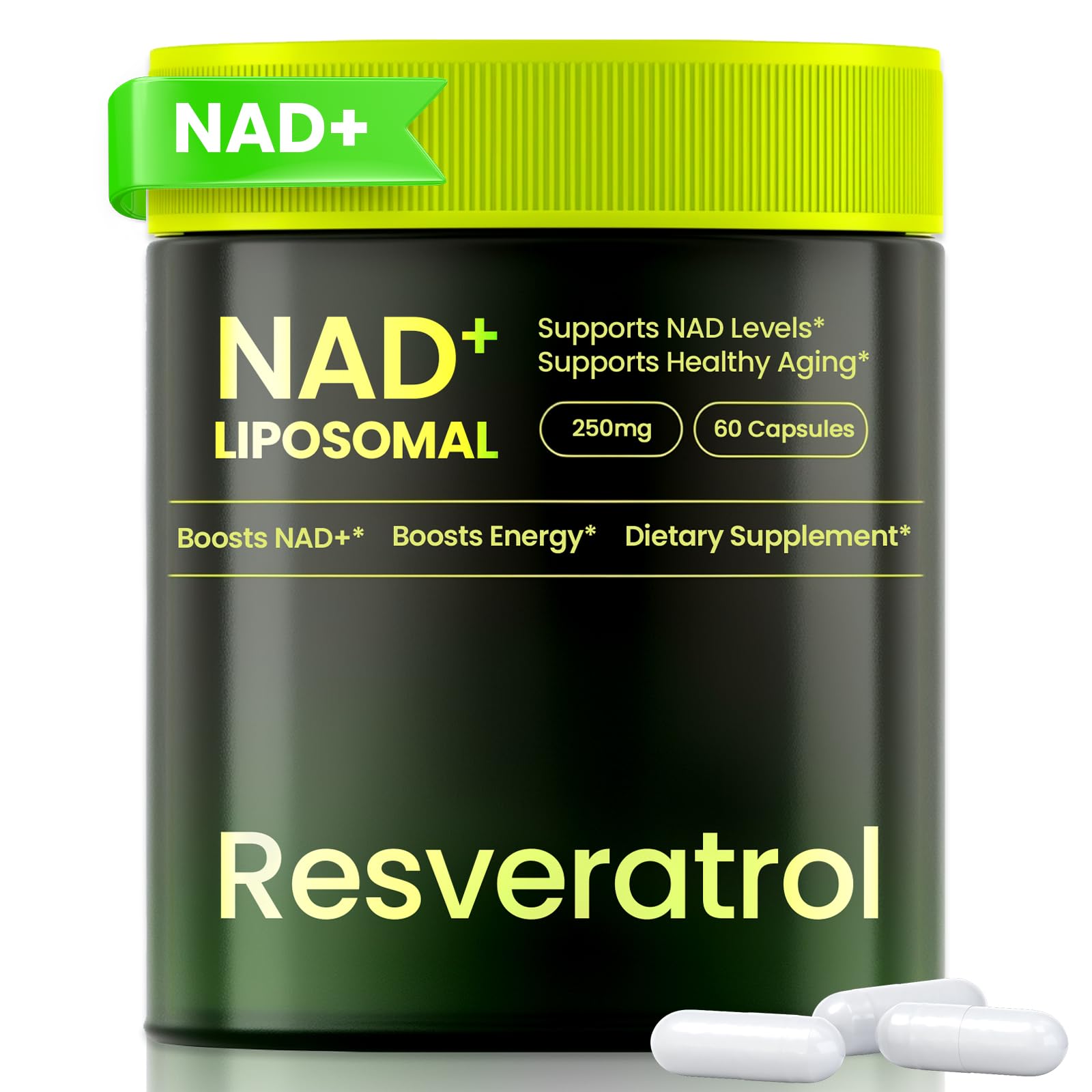 NAD Supplement, Liposomal Nicotinamide Riboside Resveratrol 250mg, NMN Alternative, High Purity NAD Supplement for Women & Men, Anti-Aging, Cellular Energy, Mental Focus - 60 Capsules NAD (Pack of 1)