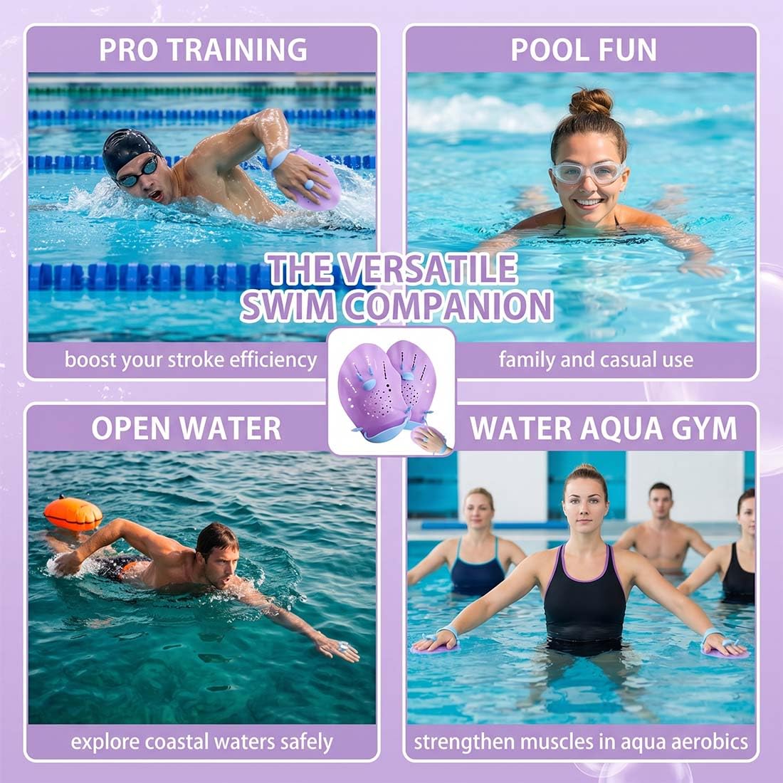 Accessorio per Allenamento per Nuotatori, 1 Paio di Pale da Nuoto Regolabili, con Cinghie Regolabili, Viola
