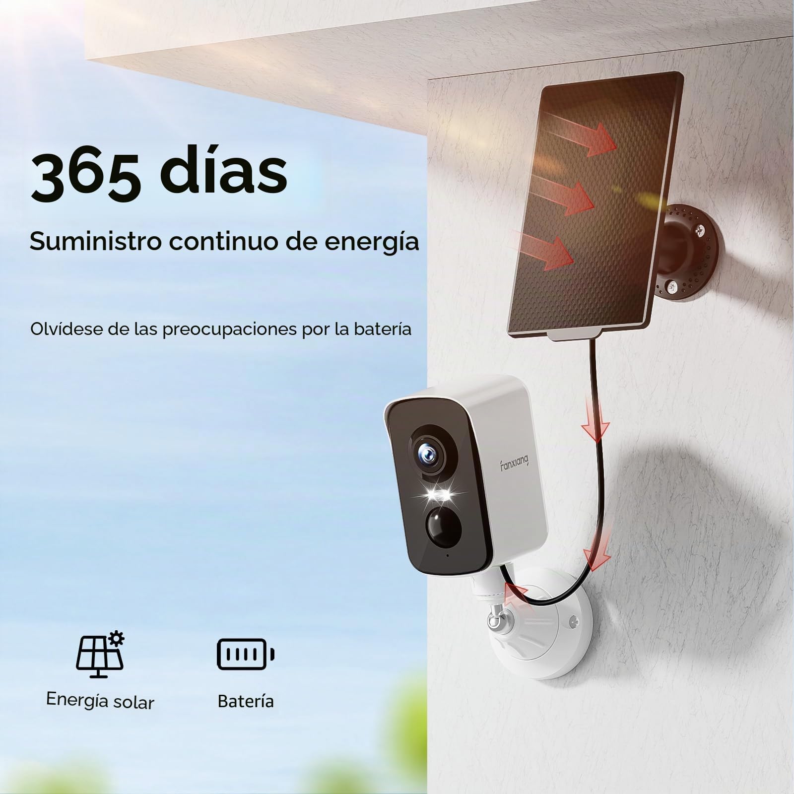 fanxiang Camara Exterior Solar Inalámbrica 2K, Vigilancia Cámara de Seguridad Exterior sin Cables con Panel Solar & Tarjeta 64GB Visión de 360°, Visión Nocturna en Color, Detección AI, PIR, IP65