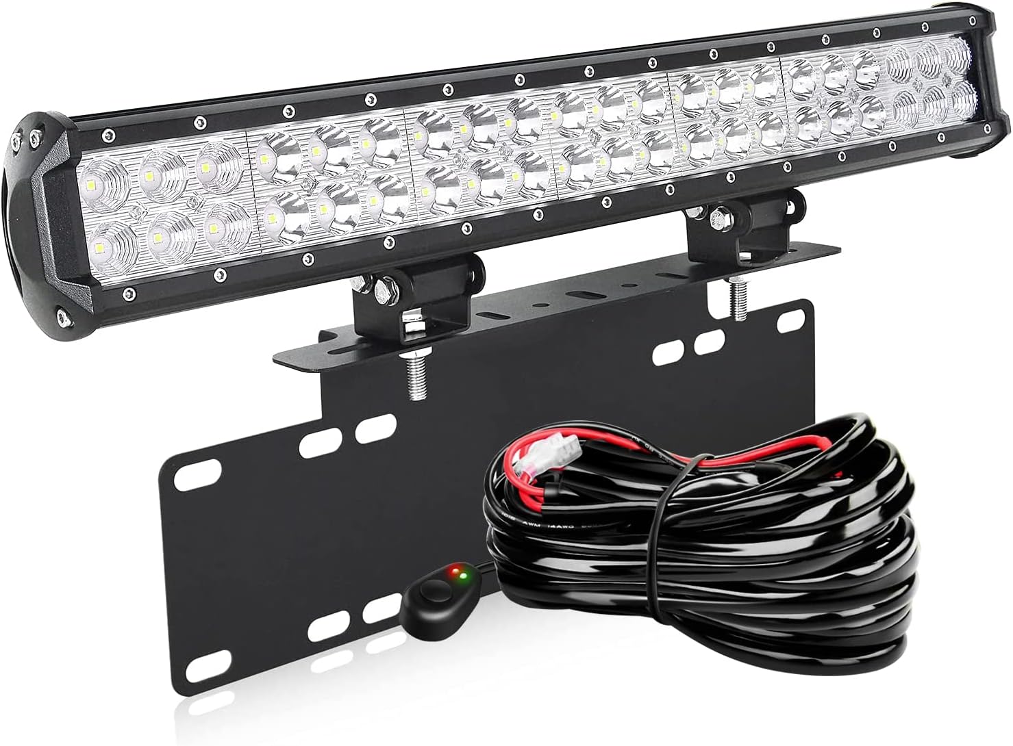 AUXTINGS 22 inch 144W LED Light Bar Double Row Spot Flood Beam with Wiring Harness Kit+15 inch License Plate Mounting Bracket for Truck Car ATV SUV 4X4 Jp Truck Boat,12V 24V Waterproof