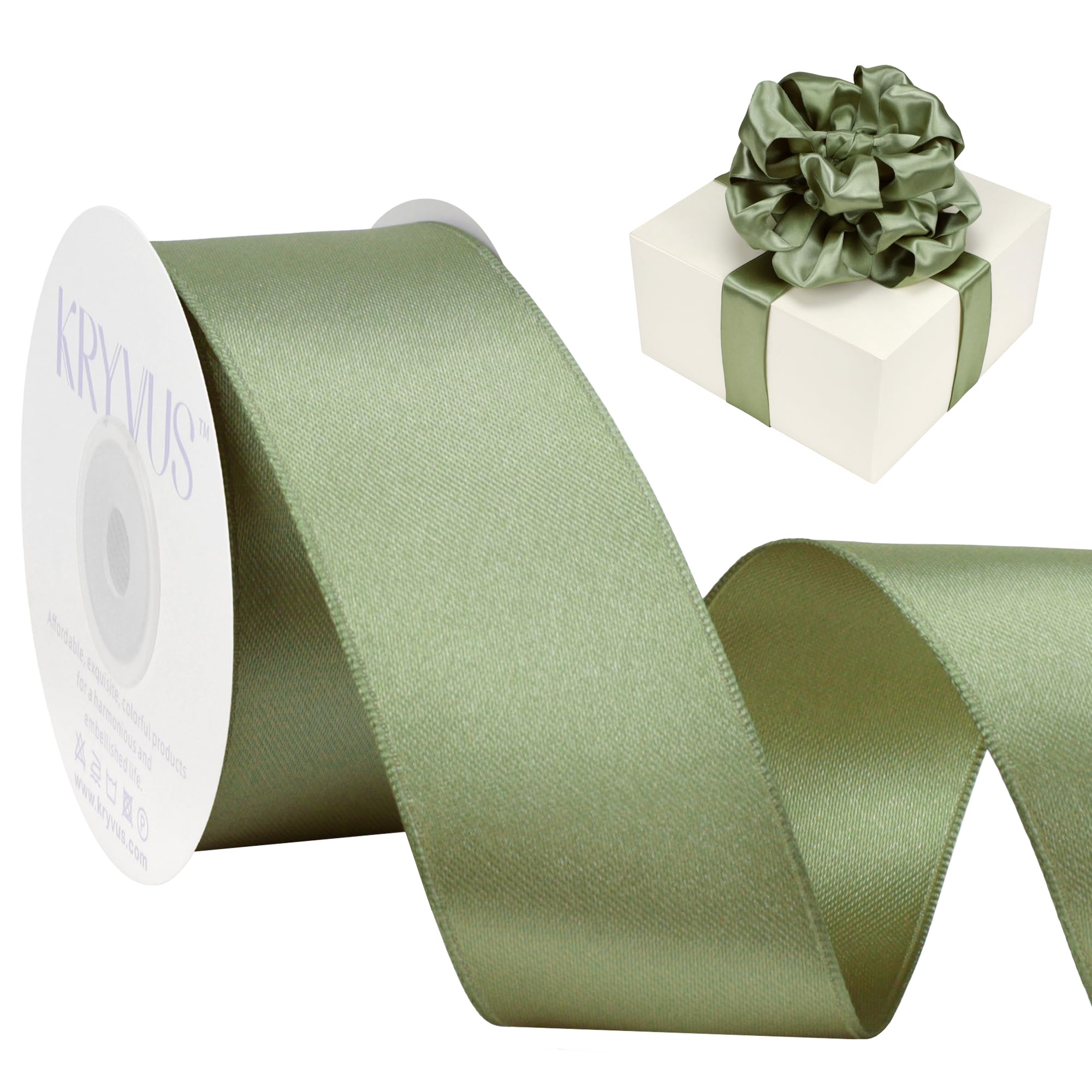 Kryvus Sage Green Satin Wired Ribbon, 38mm X Continuous 9M Luxury Double Faced Satin Wire Edge Ribbon for Gift Wrapping, Wreaths, Flower Bouquet, Wedding Decorations, Home Decor