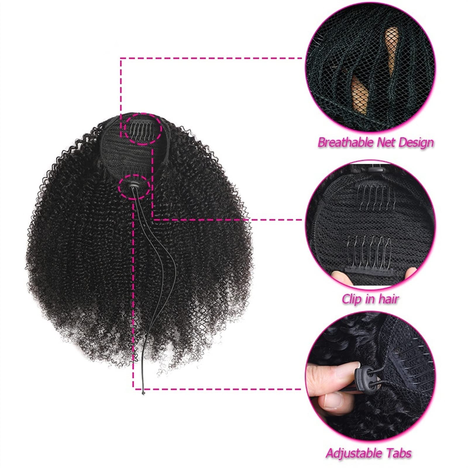 Piezas de Pelo de Moño Para mujer Cola de caballo con cordón de 10-28 pulgadas Cabello real Mongol Negro Rizado Cola de caballo Extensión del cabello Horquilla Peluca de cola de caballo Bollo de pelo