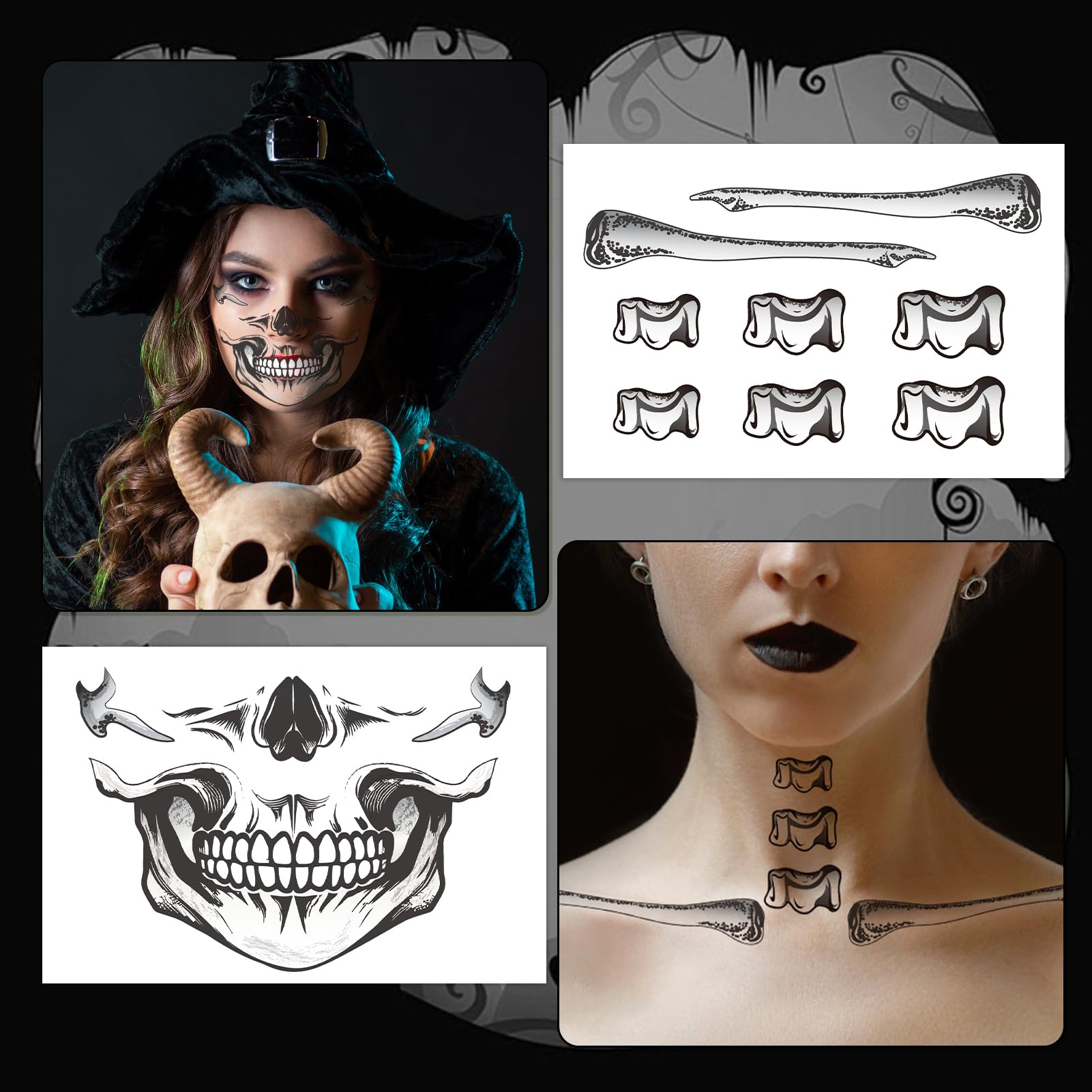 HOWAF 6 PCS Skeleton Face Tattoo, Skeleton Face, Hand, Snake Collarbone, Skull Halloween Temporary Tattoos - Image 4