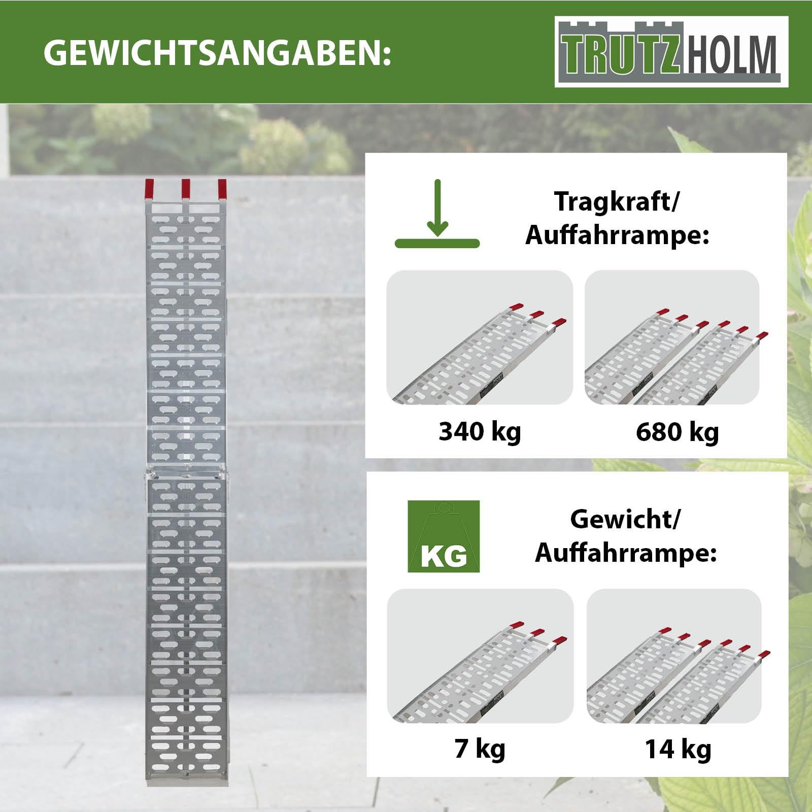 TRUTZHOLM Auffahrrampe klappbar 228 cm Tragkraft 340 kg Aluminium Rampe Faltbare Alu Verladerampe ATV Quad Motorradrampe Laderampe inkl. Spanngurt(1 x Rampe grau)