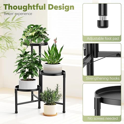 Miniatura 3 de Soporte esquinero de 3 niveles para plantas para interiores y exteriores, estante de metal para plantas con bandeja de 10 pulgadas de ancho, soporte