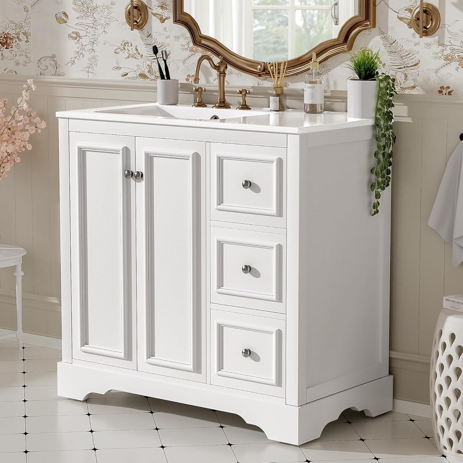 Linique 36" Modern Bathroom Vanity with Sink Combo Set, Bathroom Storage Cabinet with 3 Drawers and 2 Soft Closing Door, White