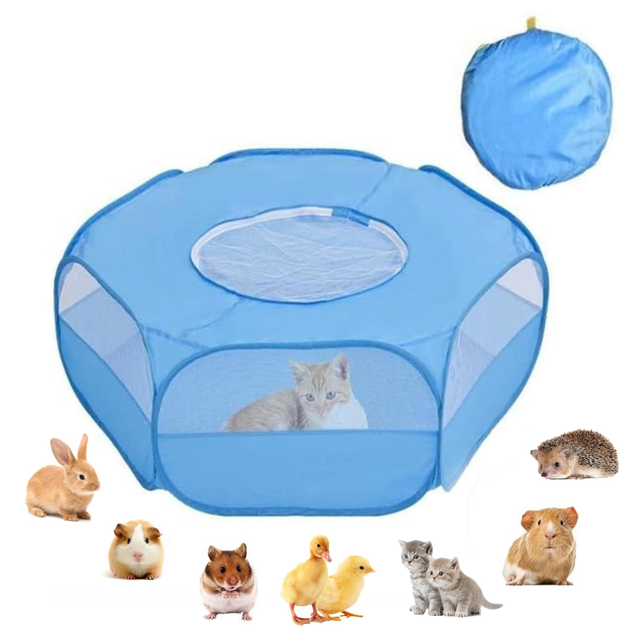 Blue Portable Small Animal Playpen with Zippered Cover | Indoor Enclosure for Guinea Pigs, Hamsters, Kittens, and Chicks, Pop-Up Playpen for Ferrets, Puppies, Bunnies
