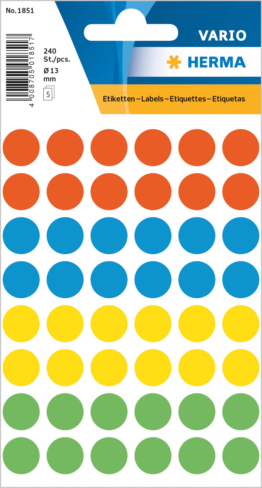 HERMA Dot Stickers Assorted, 240 Labels, Ø 13 mm, 48 Labels per Sheet, Self Adhesive Round Colour Labels Stickers, Blank Marking Dots, Sticky Circle Stickers for Color Coding Calendar
