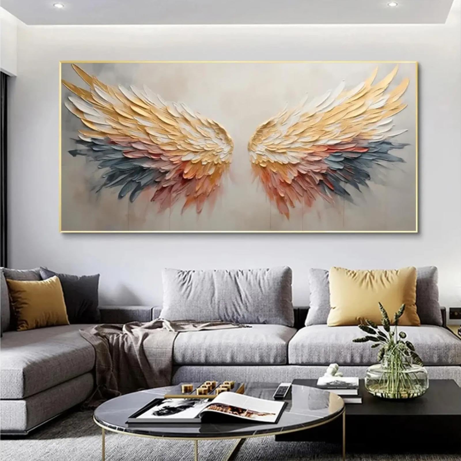18meng Art Ölgemälde auf Leinwand 140x70 cm Abstraktes Bunte Engelsflügel Textur Wandkunst Bilder Modern Minimalistisch Aesthetic Wanddeko Wohnzimmer Schlafzimmer Wandbild mit Rahmen Aufhängefertig