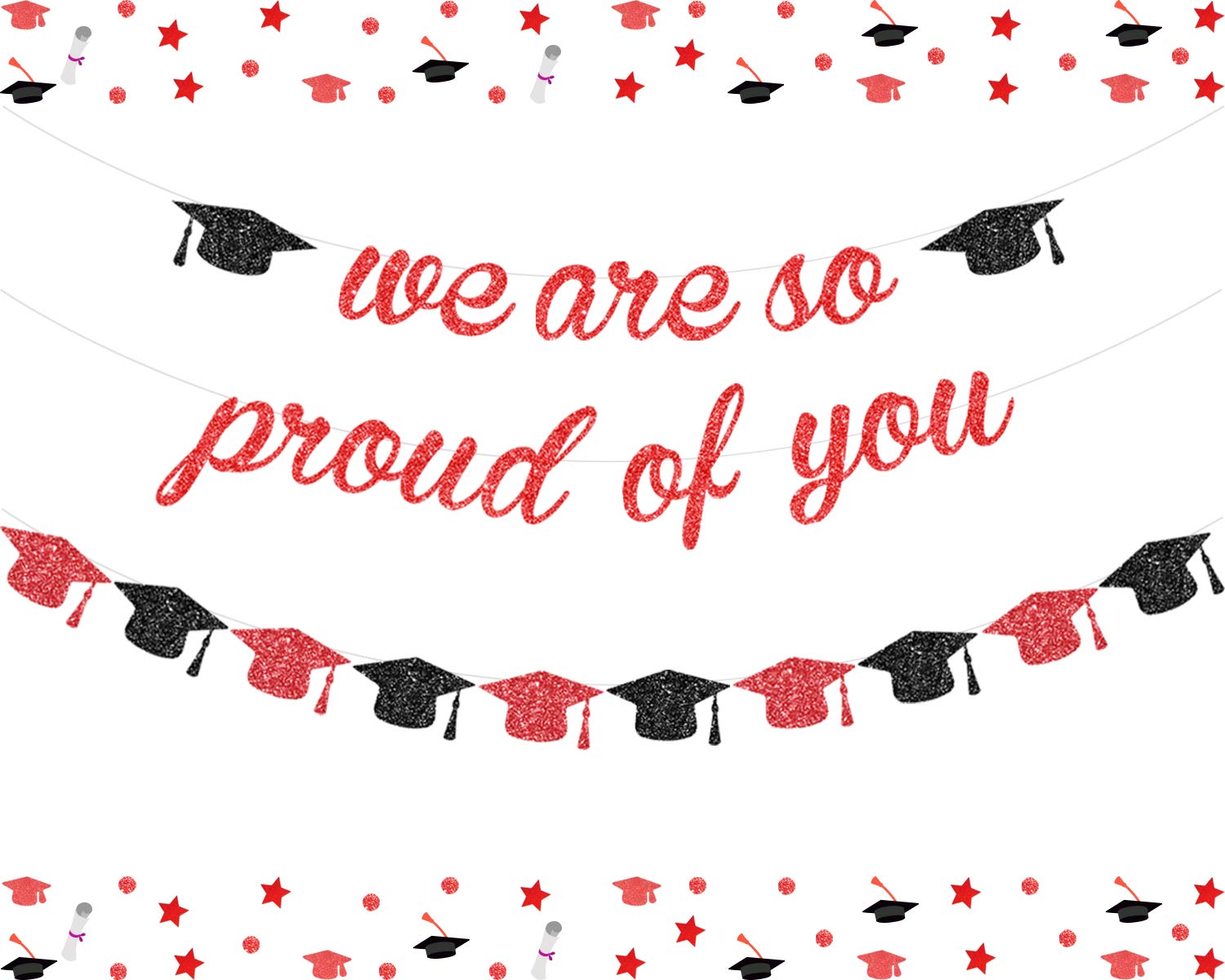 Glitter "We Are So Proud Of You" Graduation Banner & Grad Cap Garland - Red & Black, Class Of 2023 Decor