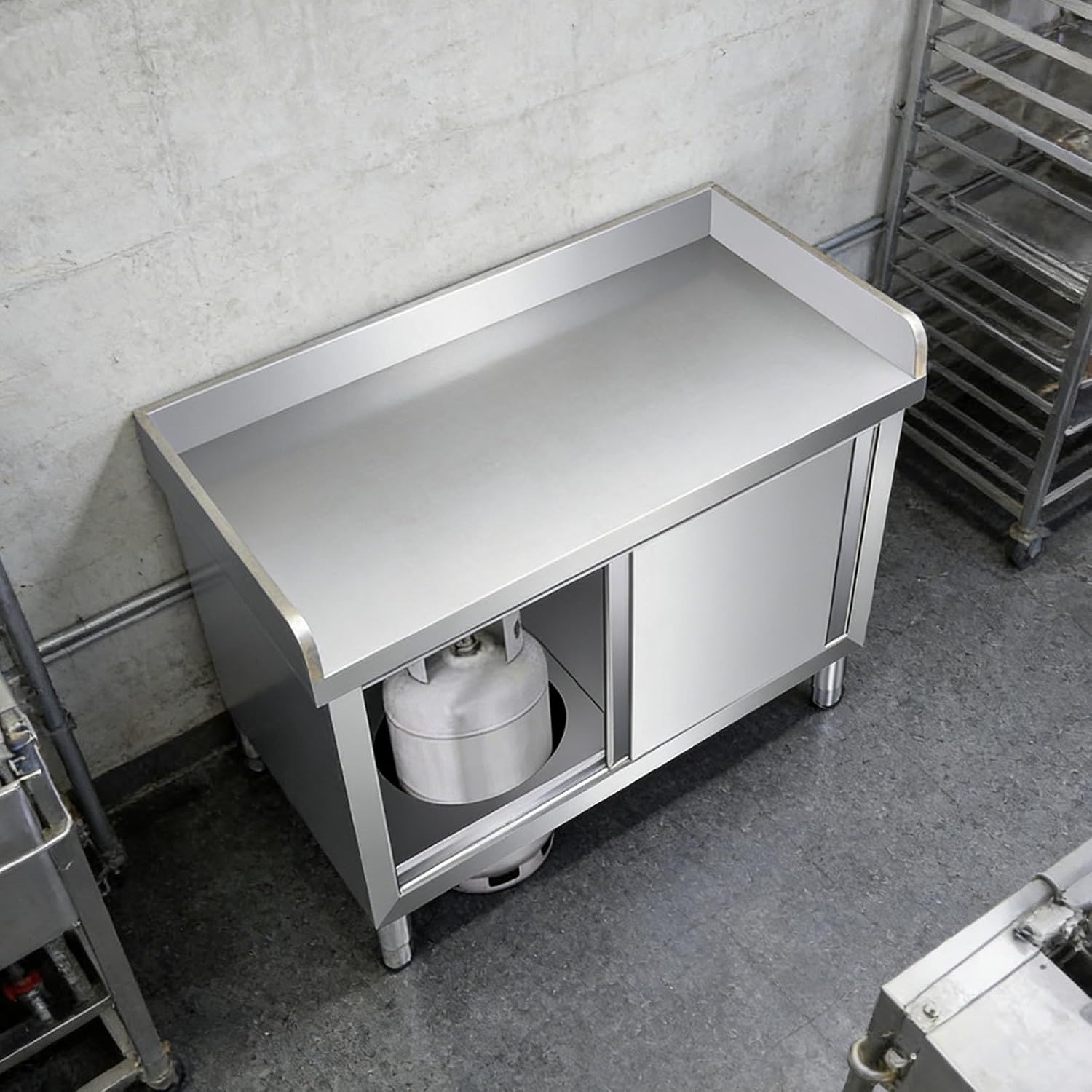 Three-Sided Workbench with Stainless Steel Sliding Doors Worktable Fully Welded Construction Spacious Storage for Gas Cylinders Metal Kitchen Prep Counter Adjustable Feet(100x60x80cm)