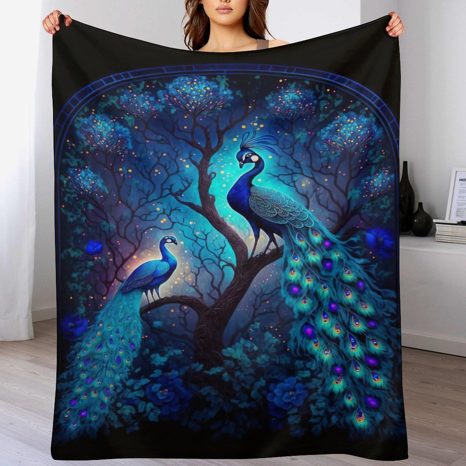 Couverture canapé chaude en flannel douce motif paon 100x130cm salon