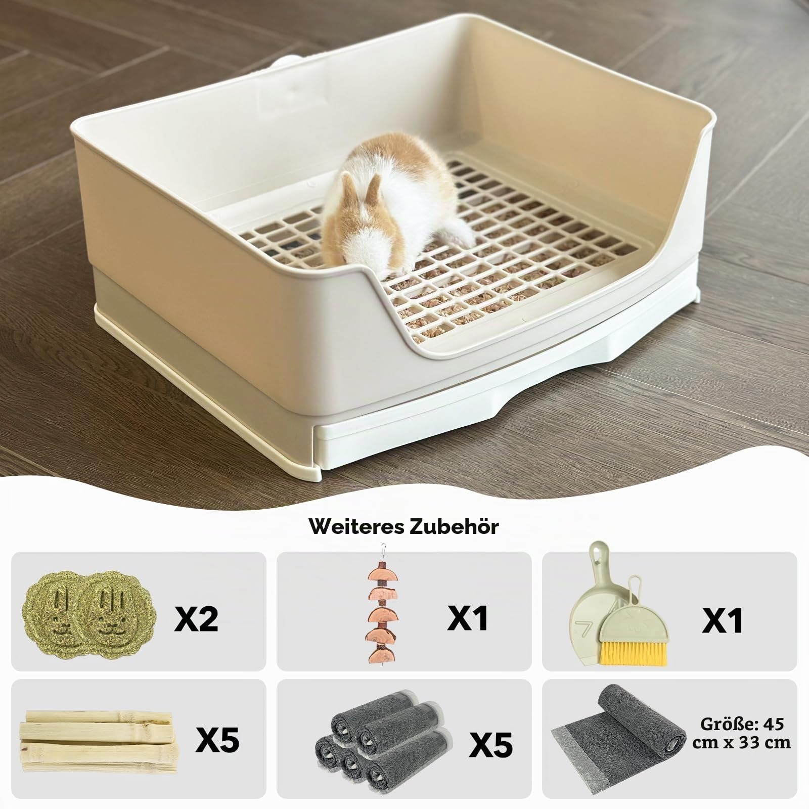 RUBYHOME Übergroße Kaninchentoilette mit Schublade, Ecktoilette mit Gitterrost, Töpfchentrainer, größere Haustierpfanne für ausgewachsene Meerschweinchen, kleine Tiere, 42.9 cm lang (weiß)