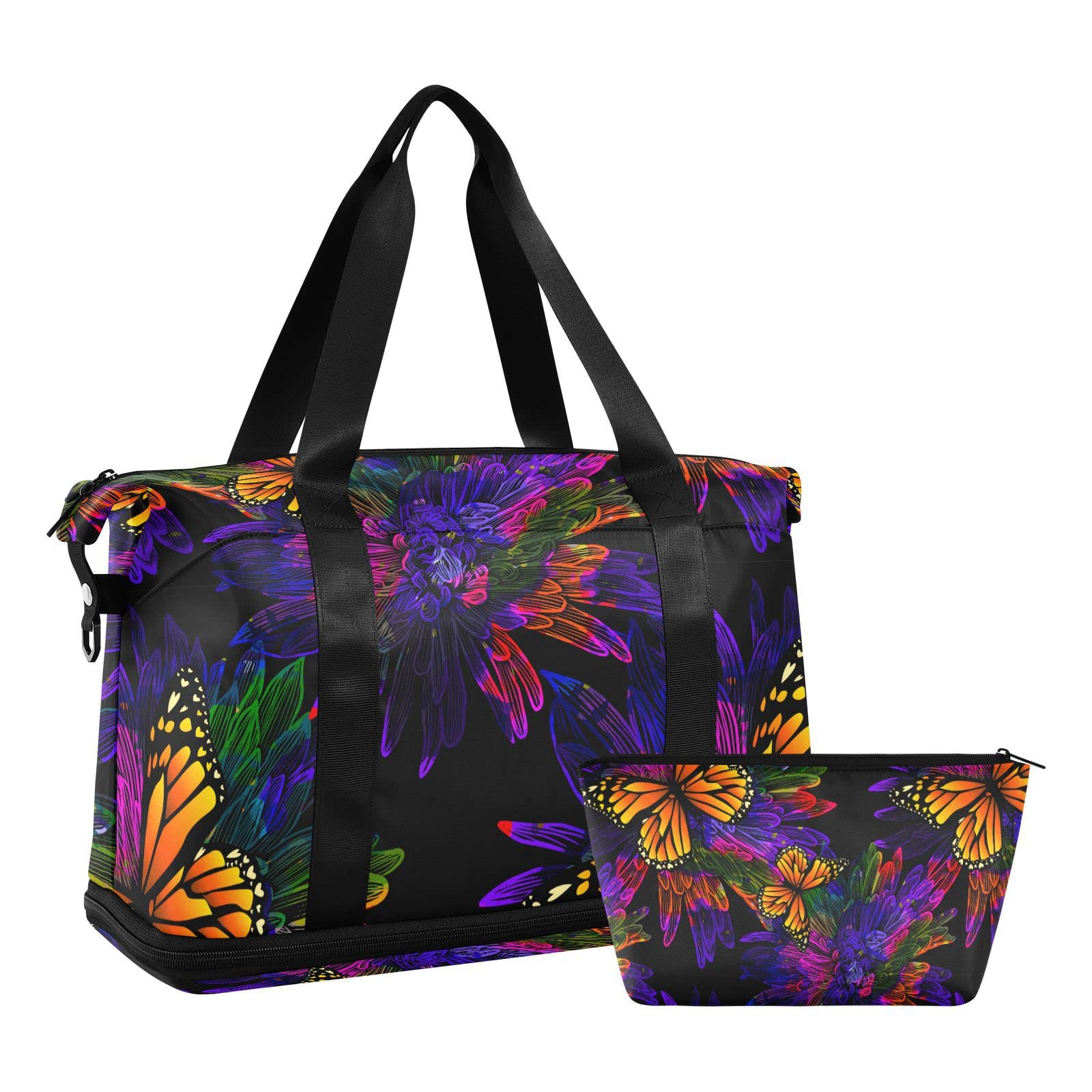 ALAZA Neon Butterfly Flower Gym Bag Sports Duffel Bag with Shoes Compartment, Overnight Weekender Travel Tote Bag for Women Men Trip College