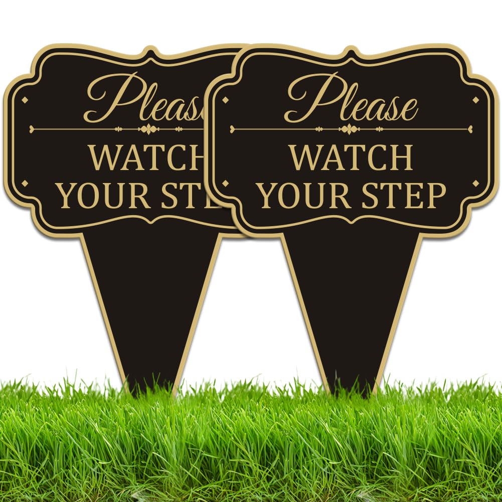WEBEEDY 2 Pack Please Watch Your Step Sign Double Sided Caution Watch Your Step Yard Signs with Stakes, Weatherproof Aluminum Safety Warning Signs for Walkway Garden Lawn Yard Outdoor Use, 25x35cm