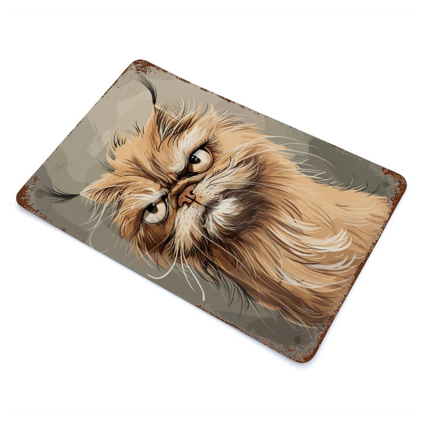 Persian Cat Caricature Vintage Wall Sign 11.8"x7.9", Rust Effect Metal Decor for Cafe, Home Bar And Lounge Decor