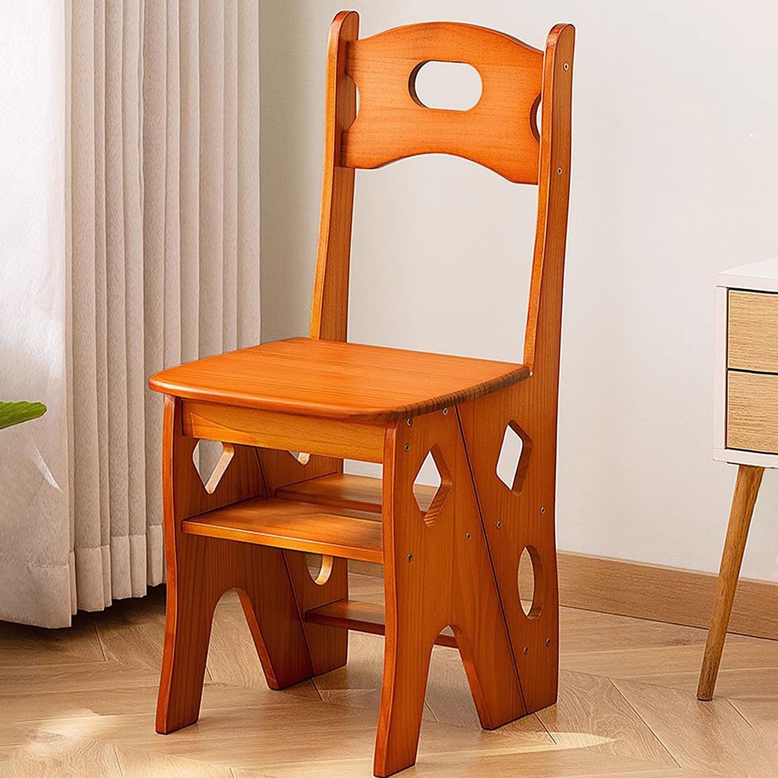 Taburete de escalera plegable multifunción con 4 peldaños de madera y estantería