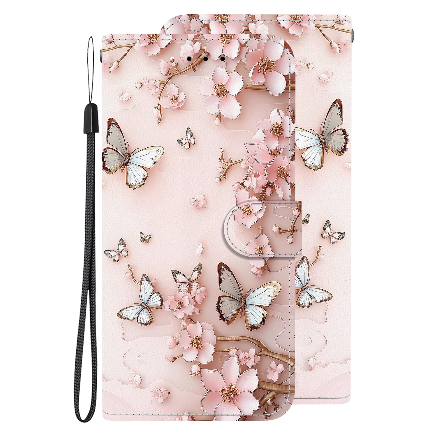 Wallet Case for Realme Narzo 20A PU Leather 3D Effect Pink Butterfly Flowers Cover Folio Painting Magnetic Flip Travel Protective Elegant Flip Painting for Realme Narzo 20A