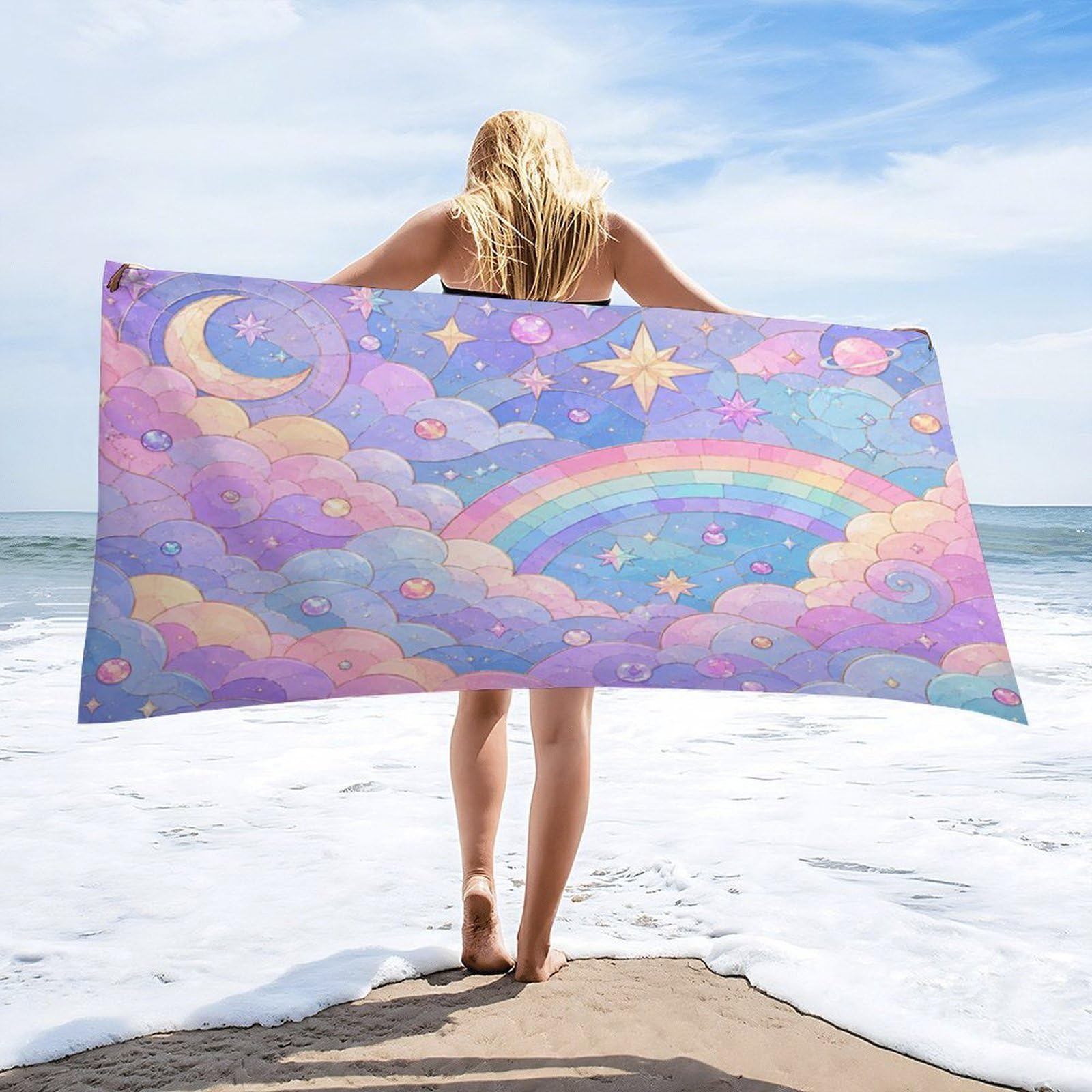 Anceky Pastel Sky Rainbow Clouds Stars Moon Beach Towel 32"×63",Soft Microfiber Bath Towel Shawl, Quick Dry Absorbent Pool Spa Gym Shower Towel