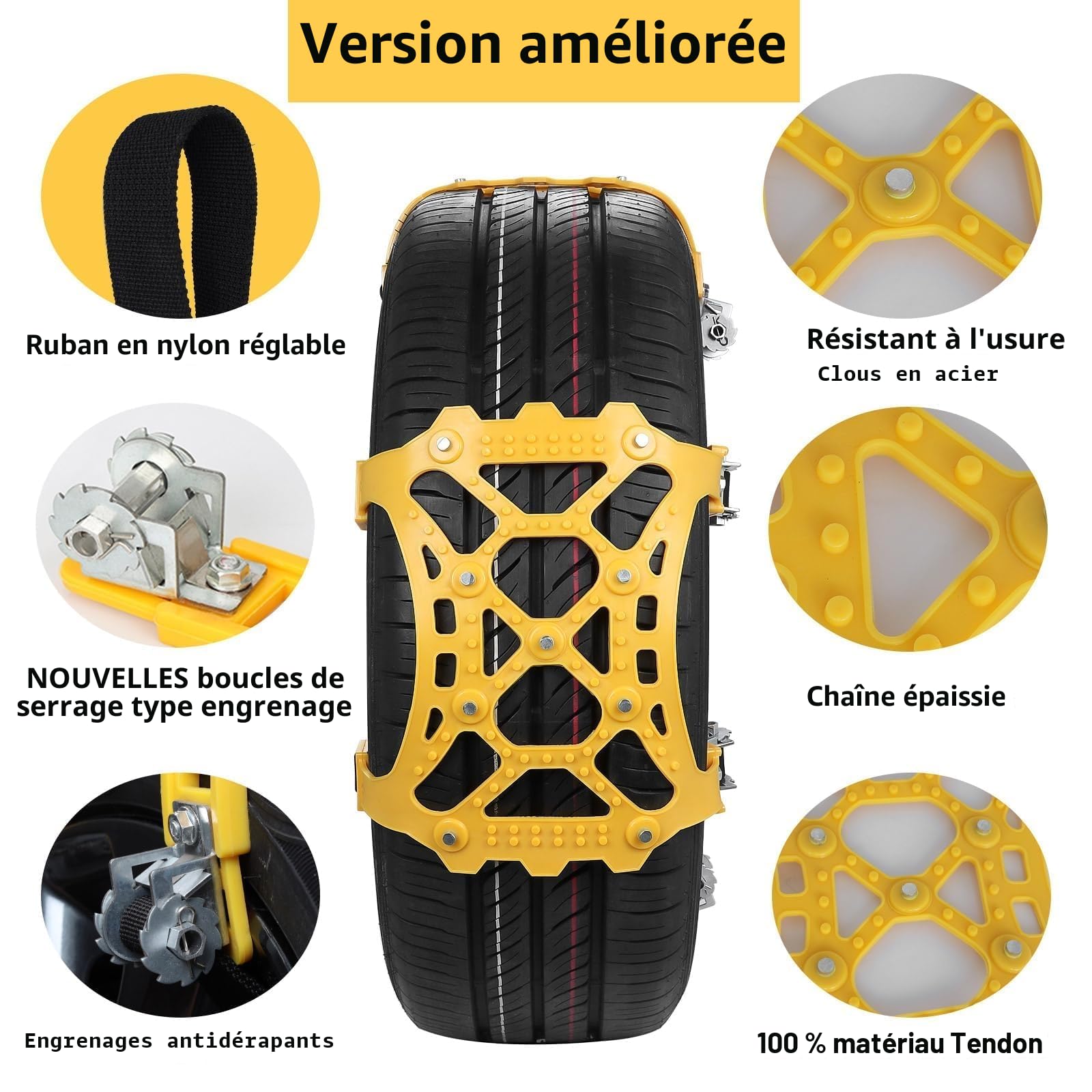 Chaînes à Neige Universelles, 6 Pièces pour Pneus 165 à 265 mm Antidérapantes Faciles à Monter pour Voitures et SUV Hiver Neige Glace Boue (Jaune)