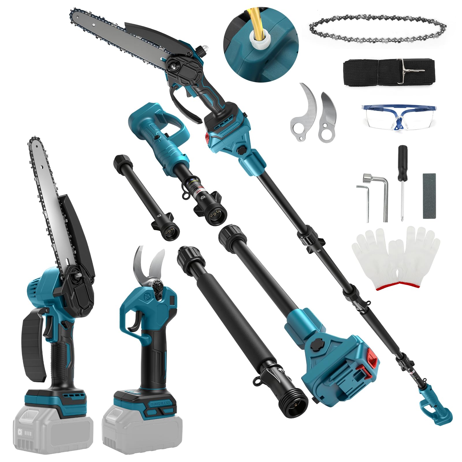 Mini motosierra de 8 pulgadas con barra telescópica y tijeras de podar eléctricas de 28 mm, juego de herramientas de jardín 4 en 1 compatible con batería Makita, alcance máx de hasta 4 m (Sin batería)