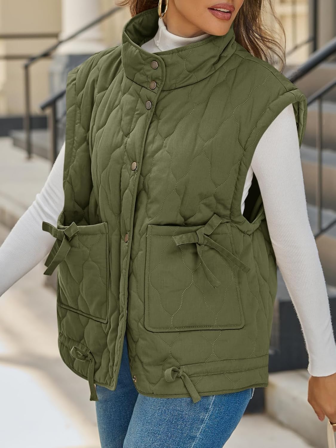 Cicy Bell Womens Puffer Quilted Vest Lightweight Stand Collar Cap Sleeve Jackets Button Down Padded Gilet Winter Outerwear - Image 2