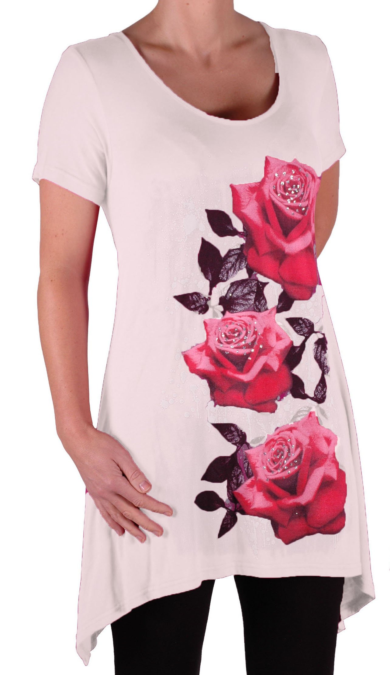 Eye Catch Plus - Tulip Long Draped Ladies Rose Motif Short Sleeve Stretch Top - Comfortable and Adjustable - Sizes 14-28