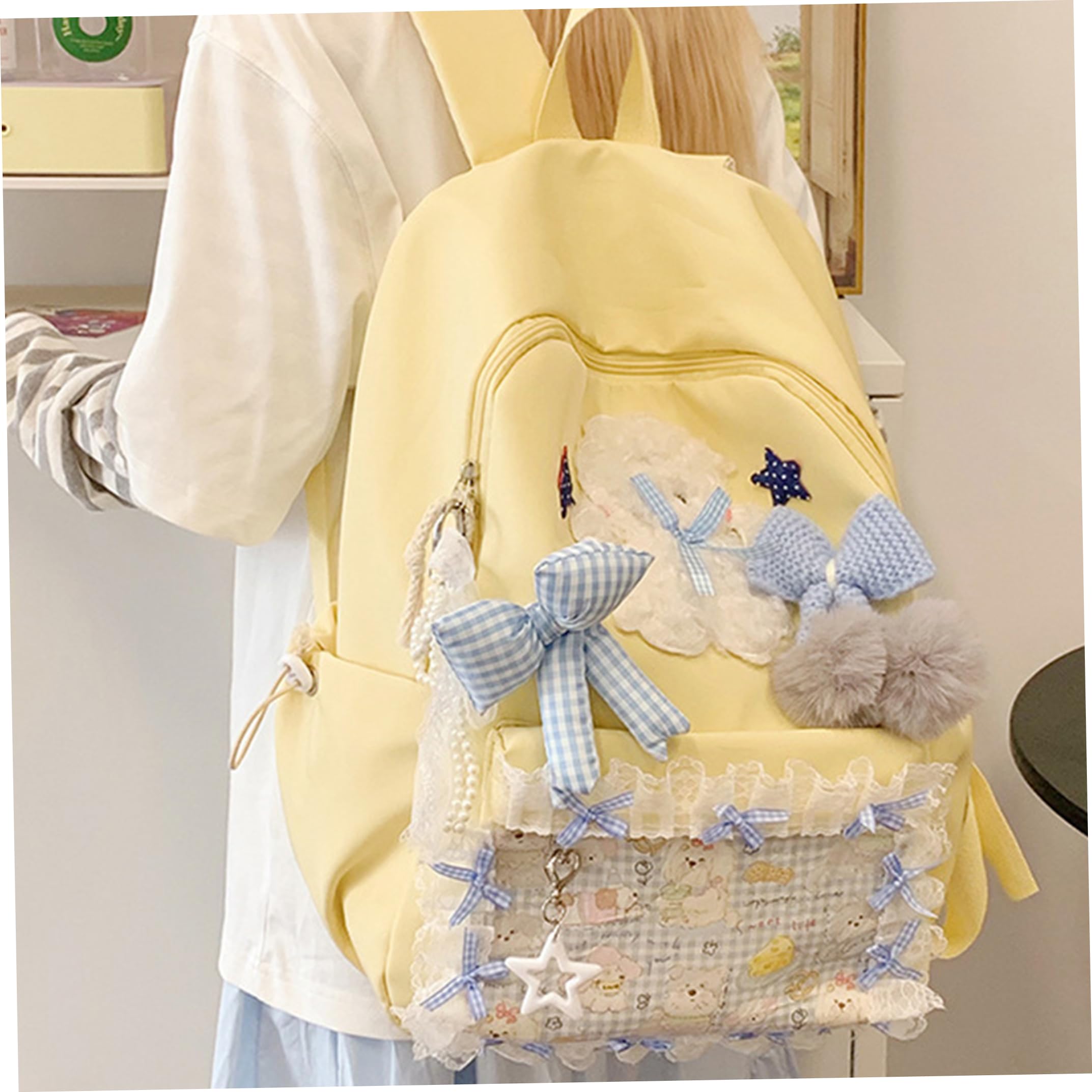 Zaino con fiocco per ragazze Zaino Lolita con motivo cartoon, giallo