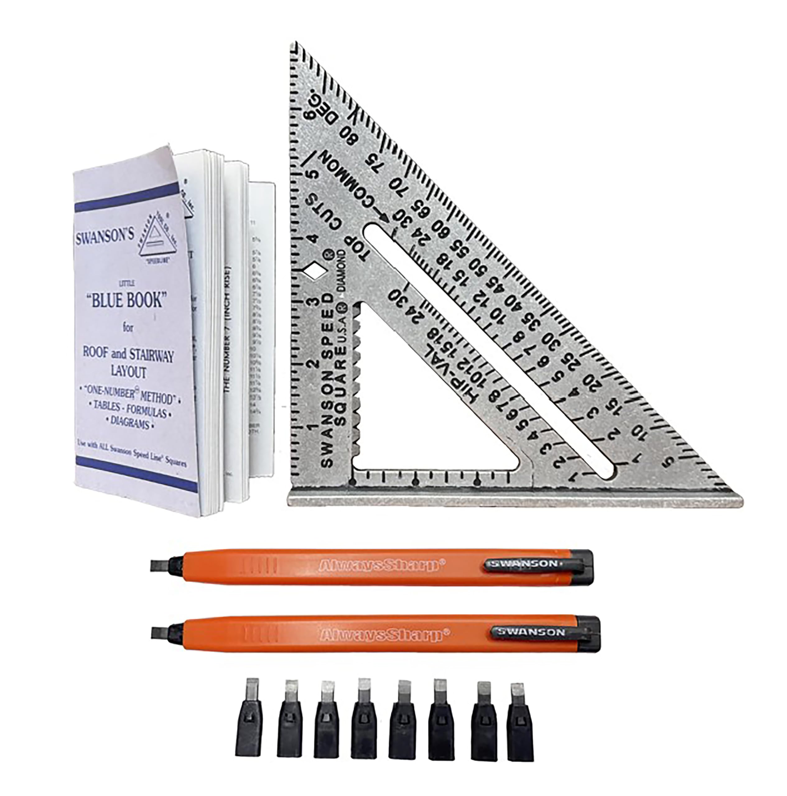 Swanson Tool Co S0101CP216 Value Pack includes 7-Inch Speed Square with Blue Book and 2-Pack AlwaysSharp Carpenter Pencils with Extra Black Graphite Replacement Tips