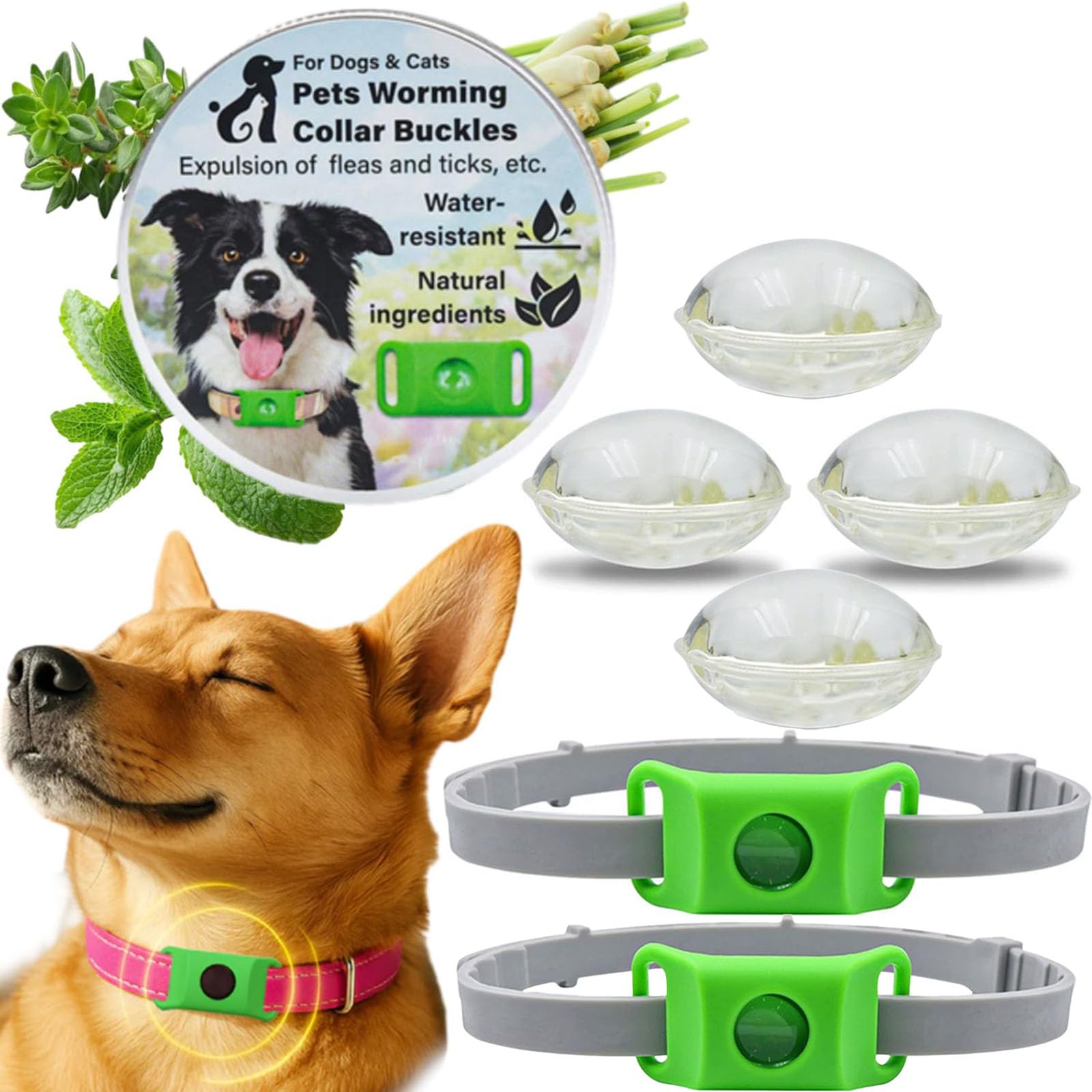 Collare Antiparassitario Naturale per Cani contro Pulci e Zecche, Ciondolo Repellente con 2 Capsule Sostituibili, Compatibile Air Tag, Regolabile, Senza Contatto Diretto con la Pelle (verde 2 PCS)